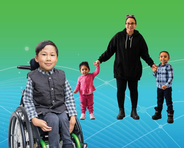 Green to light blue background, with a child on wheelchair cutout on the left, and an adult holding 2 children on the right.