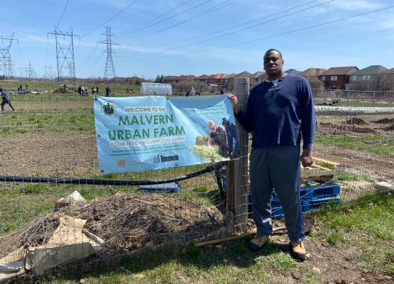 Young man stands in front of plots of land with banner for Malvern Urban Farm