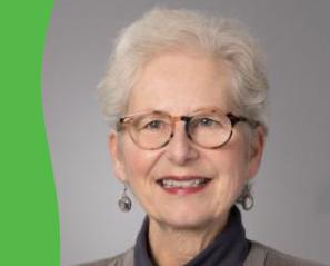 A photo of Marg Rappolt smiling against a grey backdrop is positioned next to a green and white Holland Bloorview background.