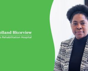A green and white Holland Bloorview logo positioned next to an image of Dr. Sharon Smile