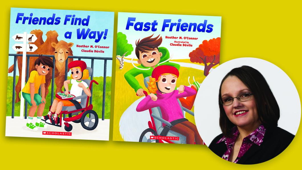 Image of two book covers with a girl in a red wheelchair and a boy with dark hair pushing her and a separate head shot of a woman with dark hair