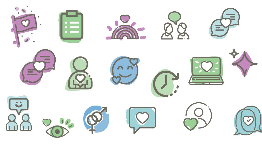Several cartoon images of smiley faces, laptops, speech bubbles, hearts and more on a white background. 