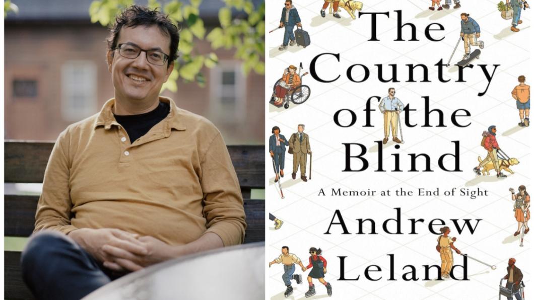Man with dark hair and glasses smiling in orange shirt on one side and book cover of The Country of the Blind on the other