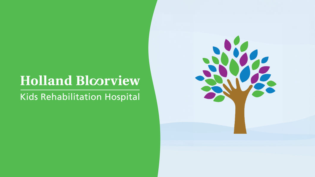 Holland Bloorview logo on the left, in green background, an illustration of a tree on the right in light blue background