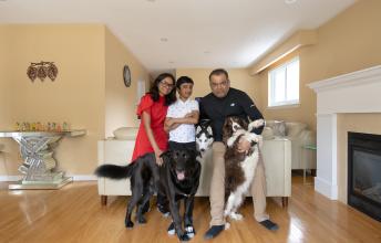 Boy in the middle of woman and man with three dogs