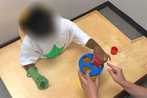 Grasp shapes from adults' hand and place them in a shape sorter.