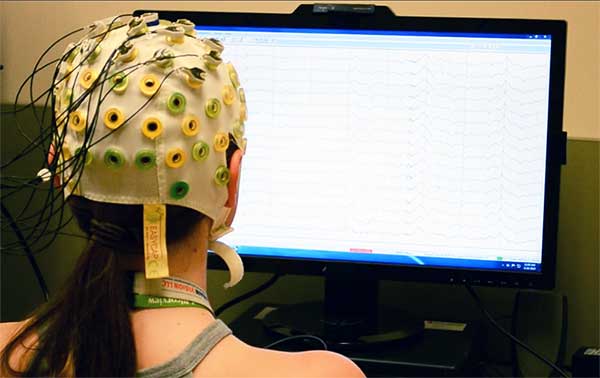 A person with a brain detection machine connected, and showing result on a screen