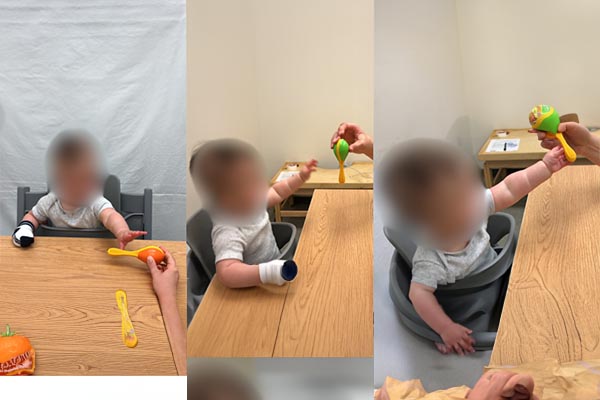 Hold a rattle and encourage rotating forearm to make sound. Position the rattle initially horizontally then progress to giving rattle vertically.