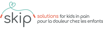 SKIP logo with skipping rope graphic above next to text reading "solutions for kids in pain"