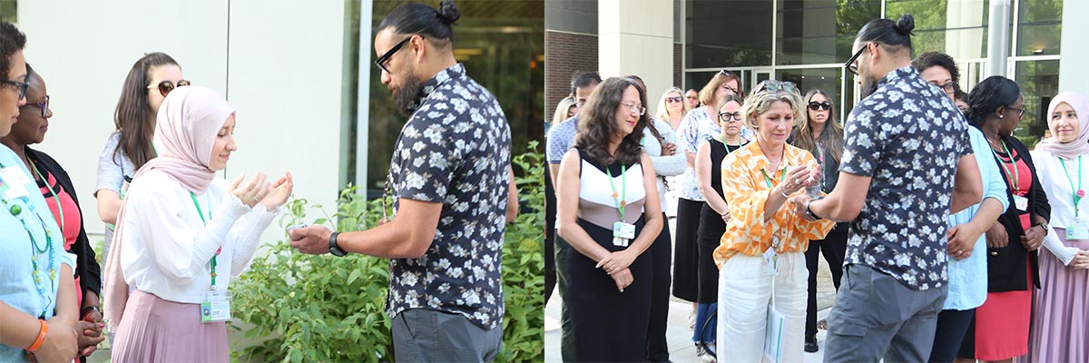 Staff members took part in the smudging ceremony during the opening event: Left: Ruveyda Durmus, spiritual care facilitator. Right: Irene Andress, vice president, programs & services and chief nursing executive.