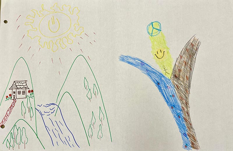 United by a shared vision of hardships being washed away, a client’s illustration (right) of their Get Up and Go journey, complemented by their caregiver’s depiction upon program completion (left). 