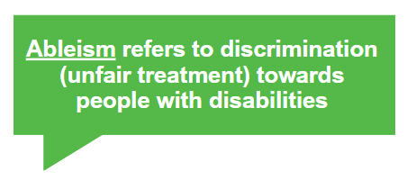 Ableism refers to discrimination (unfair treatment) towards people with disabilities