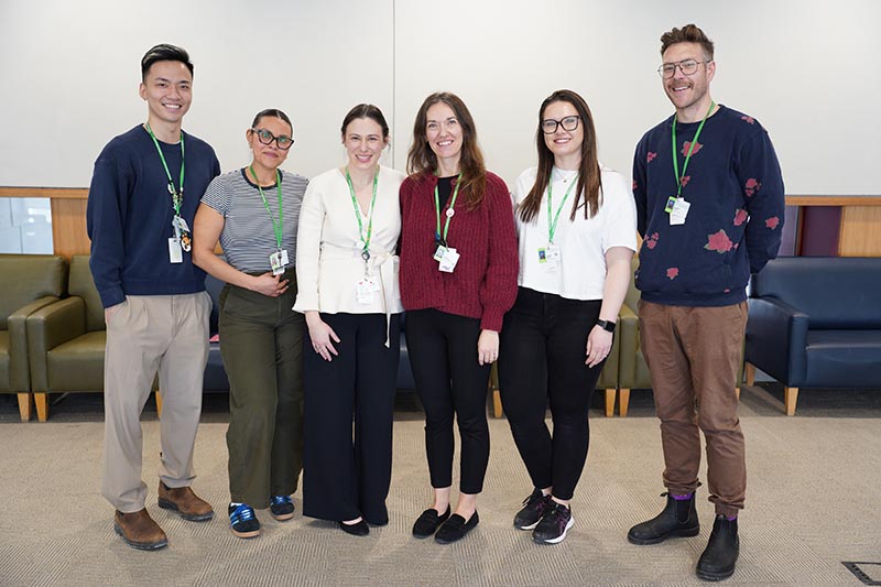 L-R: Nic Chi, registered nurse; Mariel Aguilar, clinic flow assistant; Bridget Doan, NP; Claudia Janiszewski, pharmacist; Pam Wattie, behaviour technician; Zachary Smith, behaviour analyst.