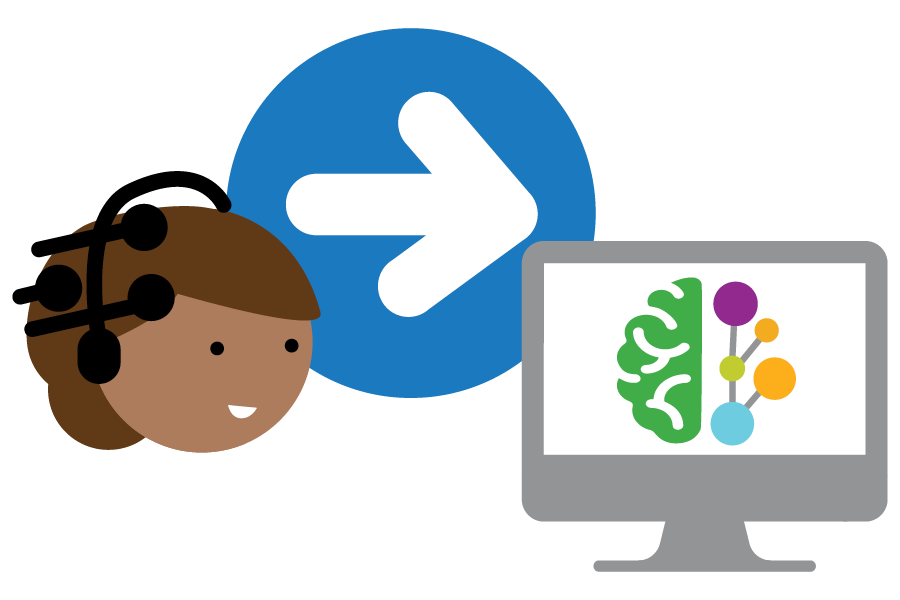 Illustration of a person with headset on, an arrow connecting to a computer monitor with a brain illustration on.