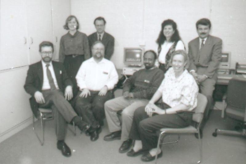 Members of a research team, Dr. Rumney sits in the front row on the far left, on an adjunctive musical attention training program with adolescents with a brain injury, 1993.