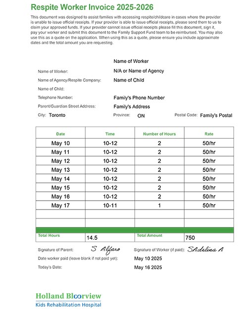 Respite worker invoice example