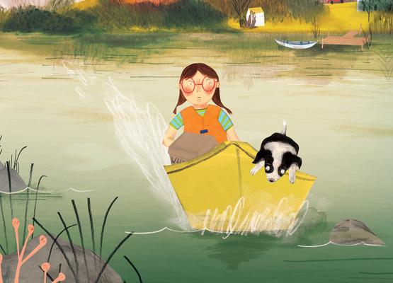 A girl drives a yellow boat with a black and white dog in the front