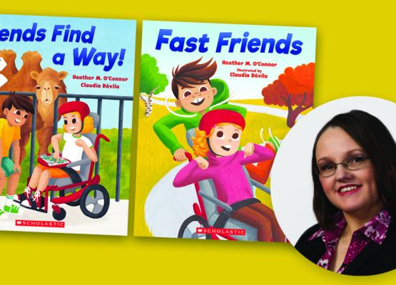 Image of two book covers with a girl in a red wheelchair and a boy with dark hair pushing her and a separate head shot of a woman with dark hair