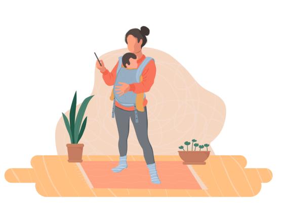 Illustration of mother with baby in carrier holding a phone