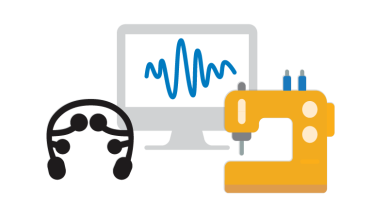 Illustration of a headset, a sewing machine and a computer showing a graph