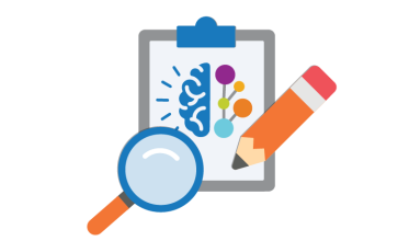 Illustration of a file with a pen and a magnifying glass
