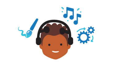 Illustration of a child with a headset on, surround with some music, art and gear icons