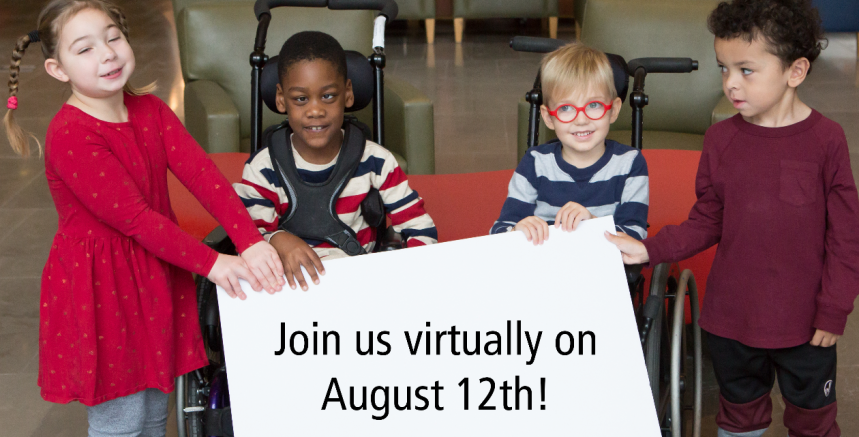 Four Holland Bloorview clients holding a sign that says "Join us virtually on August 12!"