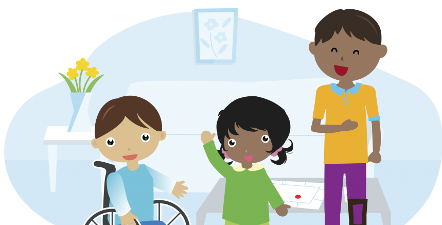 Three children together in front of a blue background