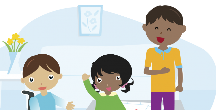 Three children together in front of a blue background