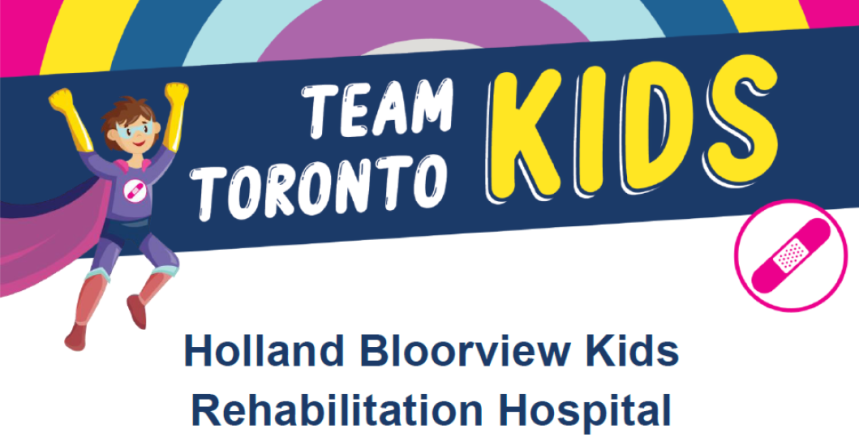 A cartoon image of a child in a cape sits to the right of a blue banner reading Team Toronto Kids.