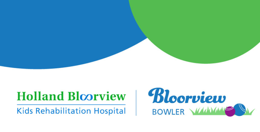 Banner for Bloorview Bowler with event details, blue and green circles on a white background.