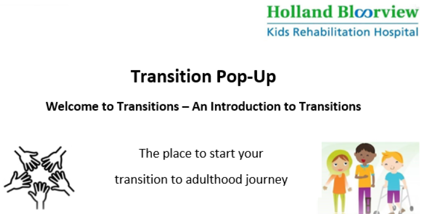 A banner with text reading "Transition pop-up, welcome to transitions, an introduction to transitions. The place to start your transition to adulthood journey." surrounded by images of cartoon people, hands and the Holland Bloorview logo. 