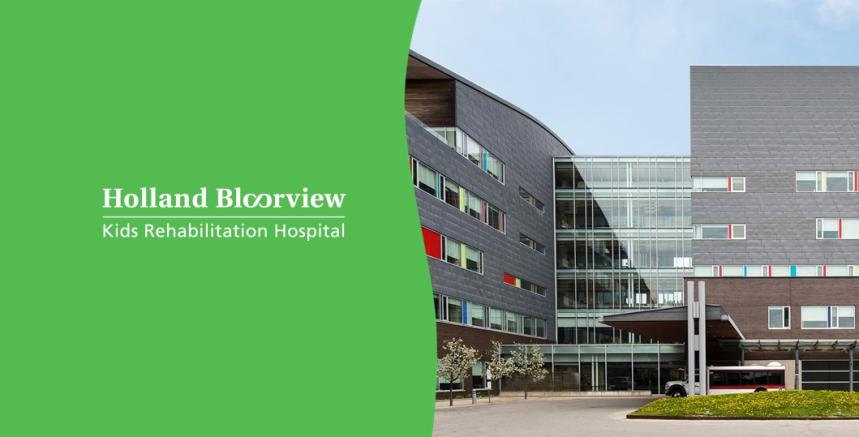 On the left, the Holland Bloorview logo sits on a green background. On the right, an image of the hospital's exterior.