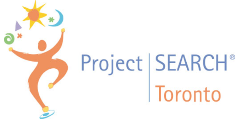 The words Project SEARCH Toronto are to the right. To the left is an orange figure with arms raised. Above the figure's arms is an array of colourful shapes.