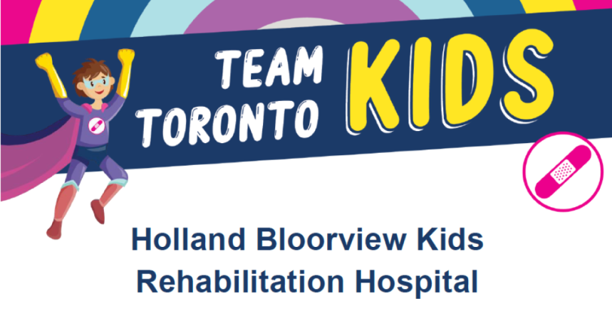 A cartoon image of a child in a cape sits to the right of a blue banner reading Team Toronto Kids.