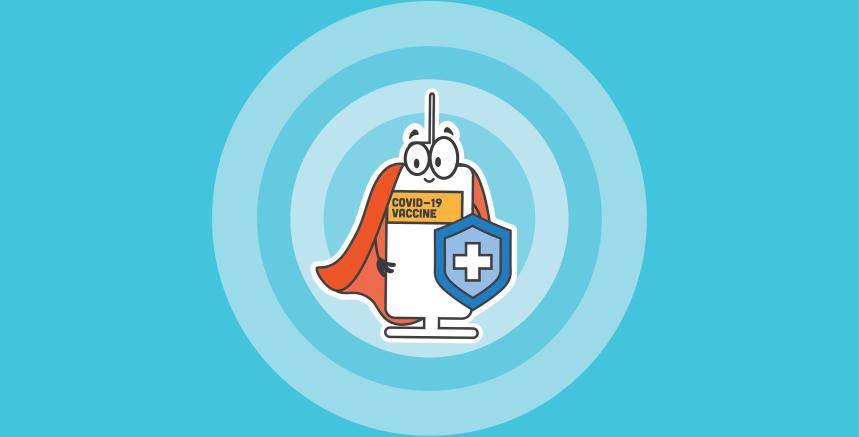 Cartoon image of a syringe wearing a cape against a blue background.
