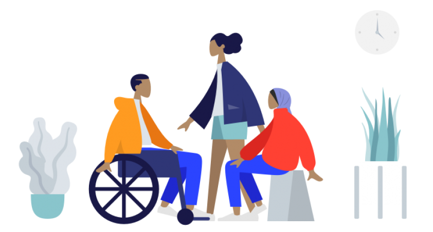 Colourful image of people chatting, 2 people sitting and one person standing