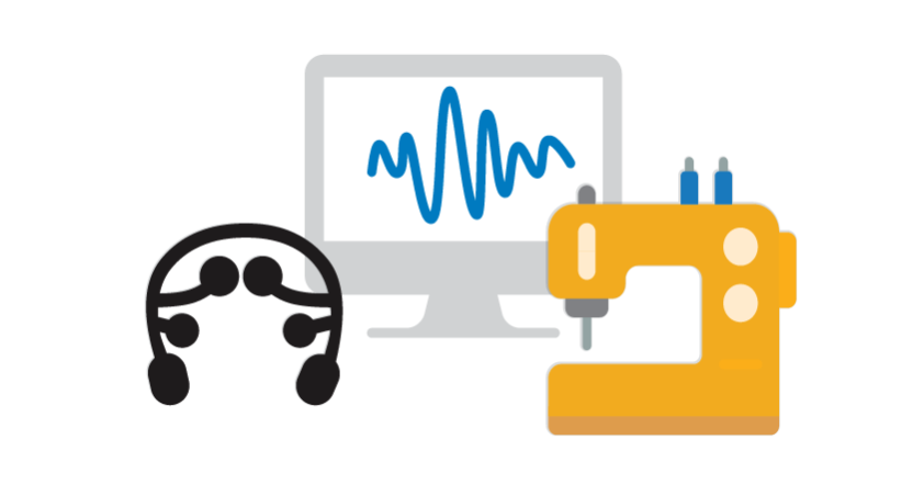 Illustration of a headset, a sewing machine and a computer showing a graph