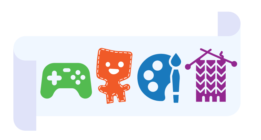Some icons: a video game controller, a paper cutting, drawing and knitting