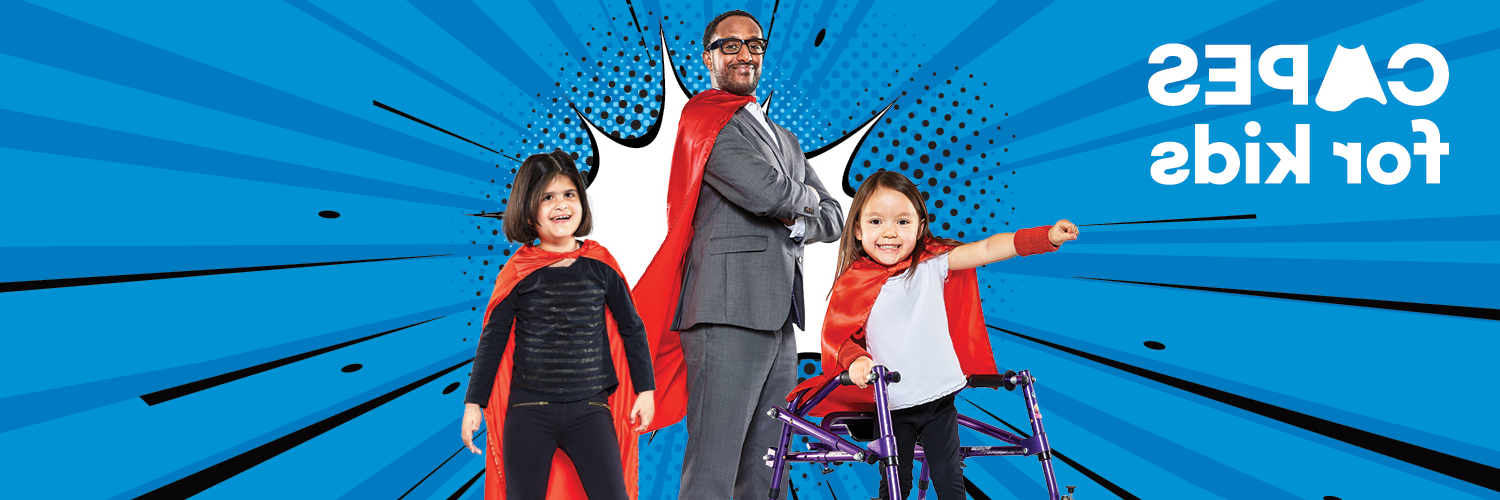 Two young girls and a man all wearing red capes on a blue background