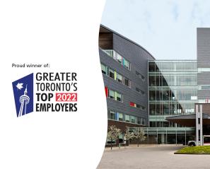 Logo for GTA's Top Employer for 2022 against photo of the exterior of Holland Bloorview