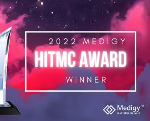 Pink and blue clouds surround a logo reading 2022 Medigy HITMC Award Winner 
