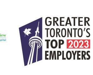 Greater Toronto's Top 2023 Employers graphic featuring the CN tower positioned next to the Holland Bloorview logo on white