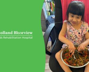 Holland Bloorview logo on green at the left, a girl holding a plate of pre-cook food on the right
