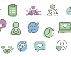 Several cartoon images of smiley faces, laptops, speech bubbles, hearts and more on a white background. 