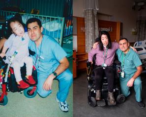 Two photos: in the left photo having a child in a wheelchair and an adult hospital staff, in the right photo an adult on a wheelchair and a hospital staff