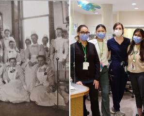 Two photos - a vintage black and white of some nurses on the left, and a colour photo with some now-a-day nurses on the right