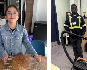 Banner of two photos: Annie (left) and Isaiah (right) smiling at work.