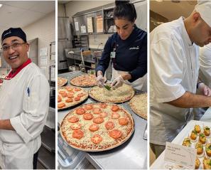 A collage of 3 photos. Left photo: a chef with smile on, preparing some food. Centre photo: a chef preparing some pizza. Right photo: two chefs preparing some finger food.