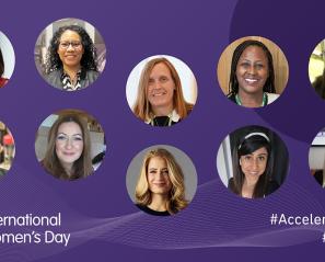 Photos collage of ten adults with purple background and International Women's Day logo to the bottom left hand side